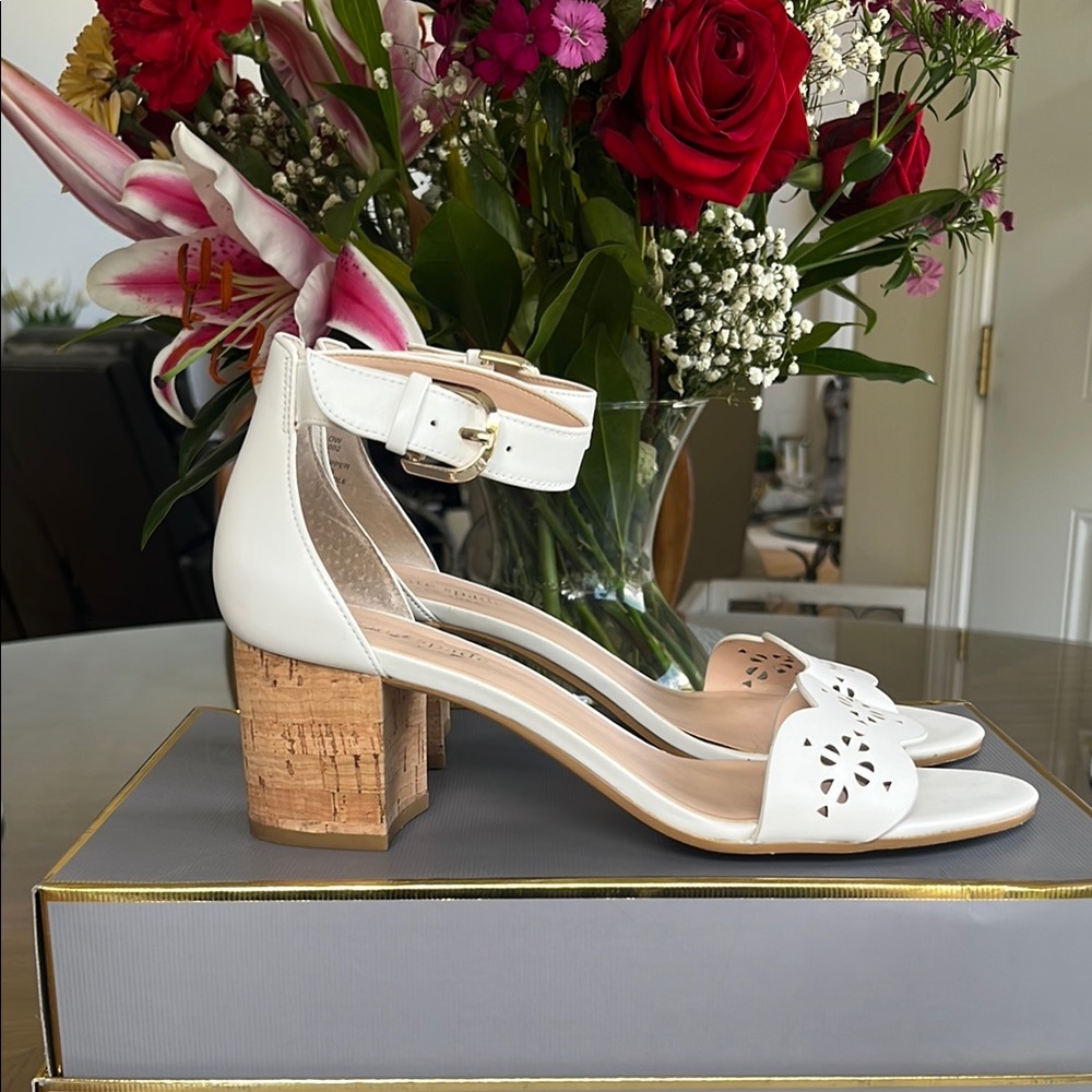 Kate Spade White and Tan Heels with Cork Block Heel, 8.5